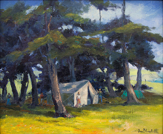 Mendocino Hippies (California Landscape with Campers), Oil Painting, circa 1960s