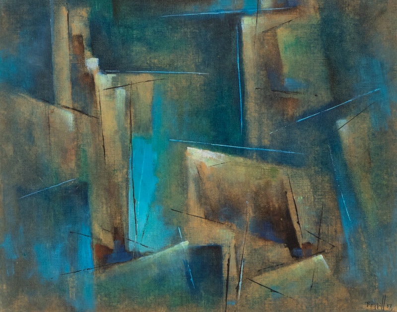 Untitled (Abstract in Green, Blue & Dark Yellow), Oil Painting, 1957