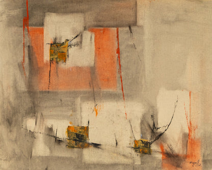 Untitled (Abstract in Gray, White, Orange, Red, Yellow and Black ), Oil Painting, 1963