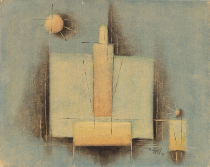 Untitled (Abstract in Pale Blue, Yellow, Gray and Black), Oil Painting, 1954