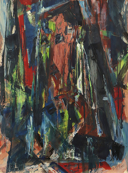 Untitled (Abstract Expressionist Composition in Red, Blue, Black, Yellow, Red-Orange), Oil Painting, 1951