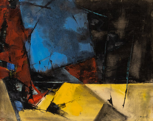 Untitled (Abstract Expressionist Composition in Yellow, Blue Red and Black), Oil Painting, 1959