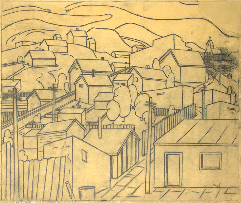 Untitled (Houses and Hills), Graphite Drawing, circa 1935