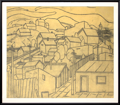 Untitled (Houses and Hills), Graphite Drawing, circa 1935