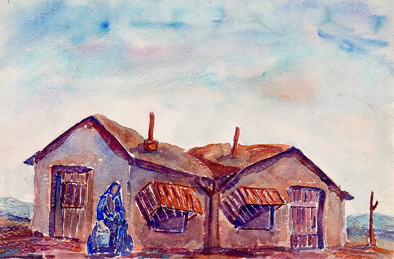 Untitled (Woman Carrying Water with Adobe House), Watercolor Painting, circa 1945