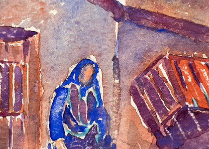 Untitled (Woman Carrying Water with Adobe House), Watercolor Painting, circa 1945