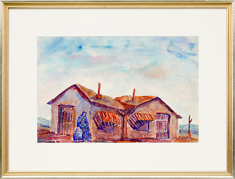 Untitled (Woman Carrying Water with Adobe House), Watercolor Painting, circa 1945