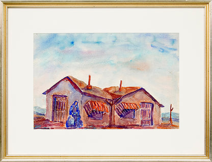 Untitled (Woman Carrying Water with Adobe House), Watercolor Painting, circa 1945