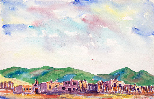 Untitled (Landscape of Adobe Buildings with Mountains), Watercolor Painting