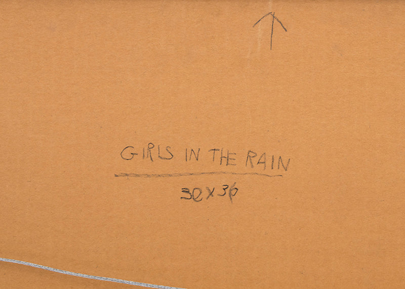 Girls in the Rain, Mixed Media Painting, circa 1980