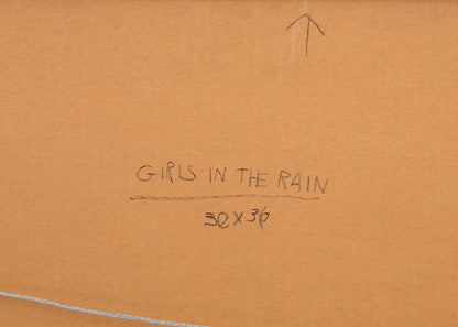 Girls in the Rain, Mixed Media Painting, circa 1980