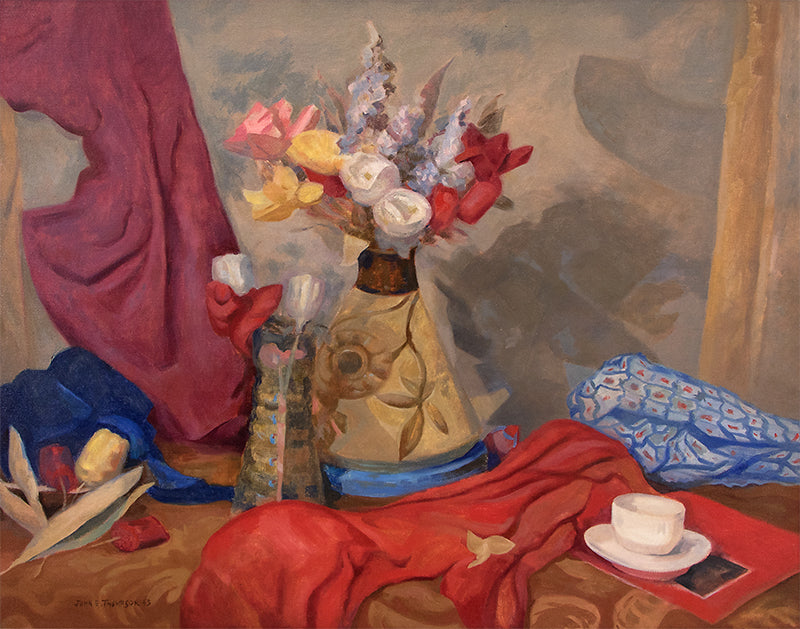 Untitled (Still Life with Flowers, Table and Red Cloth), Oil Painting, 1945