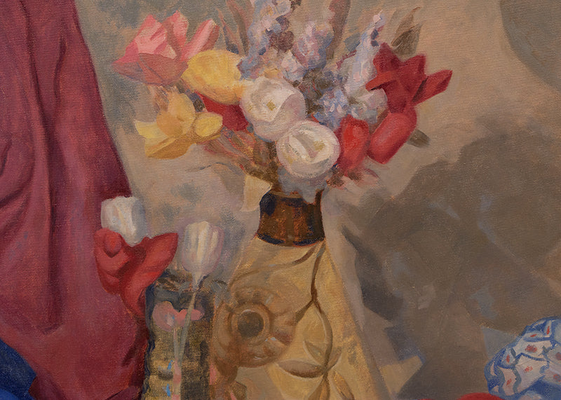 Untitled (Still Life with Flowers, Table and Red Cloth), Oil Painting, 1945