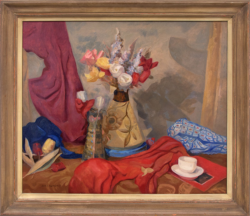 Untitled (Still Life with Flowers, Table and Red Cloth), Oil Painting, 1945