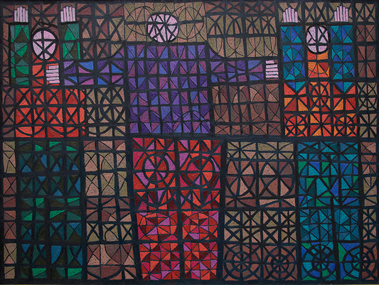 Edward Marecak (1919-1993) artwork for sale. Three Figures Caught in Stained Glass, Oil Painting, 1989