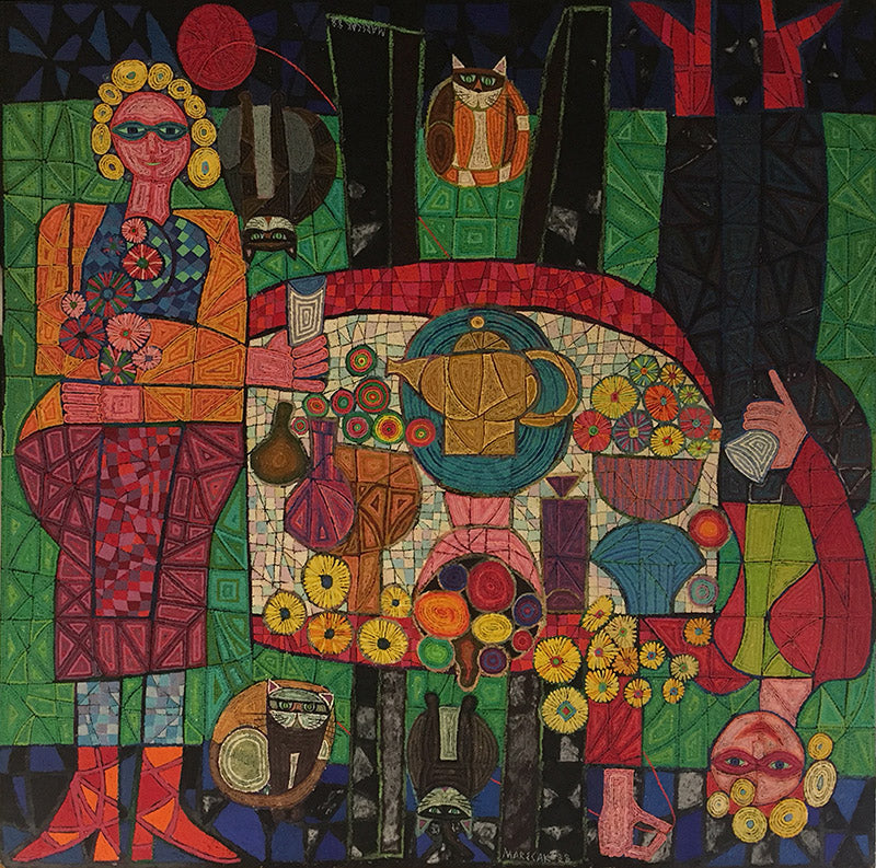 Edward Marecak (1919-1993) artwork for sale. Two Mystic Ladies with Four Cats, Oil Painting, 1988