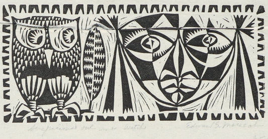 Edward Marecak (1919-1993) artwork for sale. Suspicious Owl and Witch, Woodcut (Woodblock) Print, circa 1940-1970