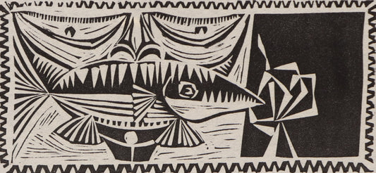 Witch Eating a Fish, Woodcut (Woodblock) Print, circa 1940-1970