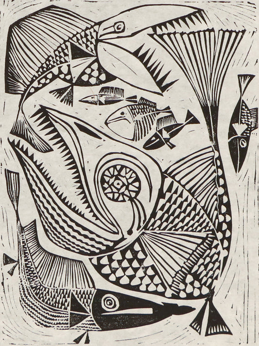 Edward Marecak (1919-1993) artwork for sale. Big Fish Eats The Little Fish, Woodcut (Woodblock) Print