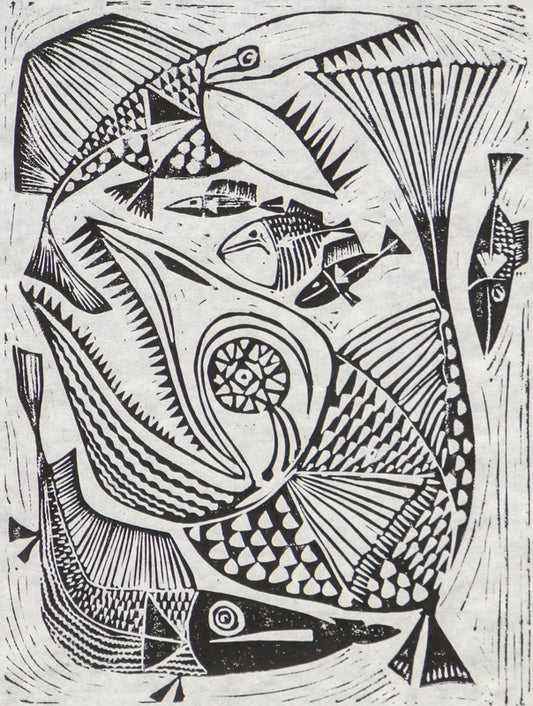 Edward Marecak (1919-1993) artwork for sale. Big Fish Eats The Little Fish, Woodcut (Woodblock) Print