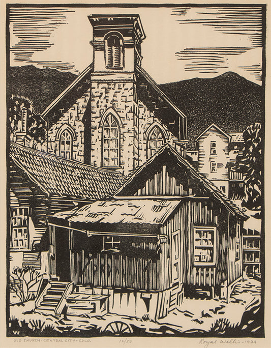 Old Church, Central City Colorado (12/50), Woodcut (Woodblock) Print, 1934