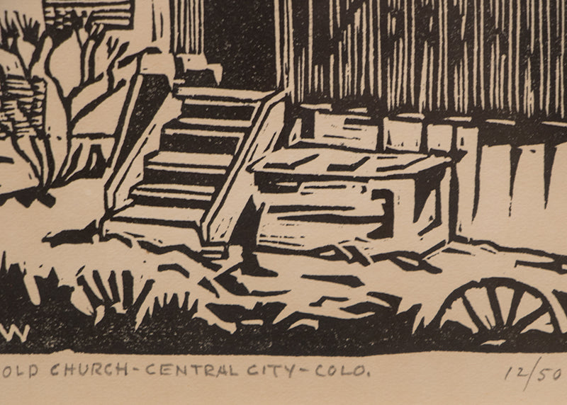 Old Church, Central City Colorado (12/50), Woodcut (Woodblock) Print, 1934