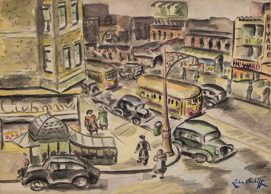 Untitled (Street Scene, Chicago), Gouache Painting, circa 1940