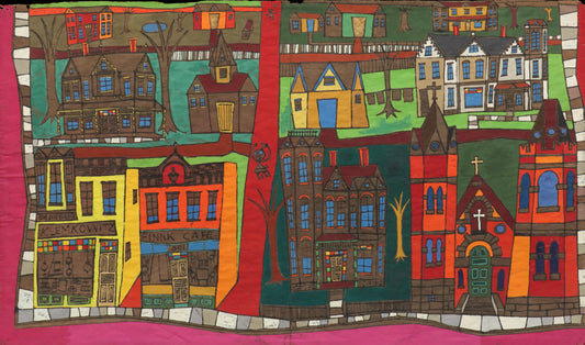 Edward Marecak (1919-1993) artwork for sale. Untitled (Cityscape with Houses and Storefronts), Acrylic Painting, circa 1960s