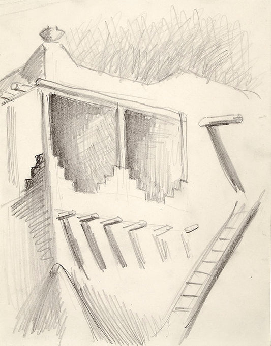 Balcony, Mabel Dodge Luhan House, New Mexico, Graphite Drawing, 1925