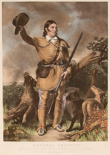 Colonel Crockett (Davy Crockett), Mezzotint Print, circa 1940 (from the original 1839 plate)