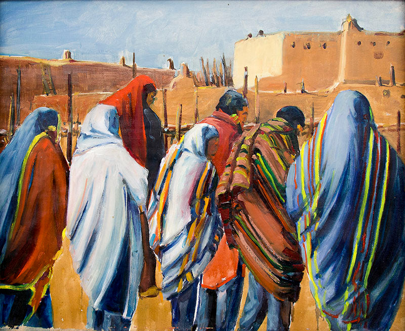 Untitled (Native Figures Standing at Taos Pueblo), Oil Painting