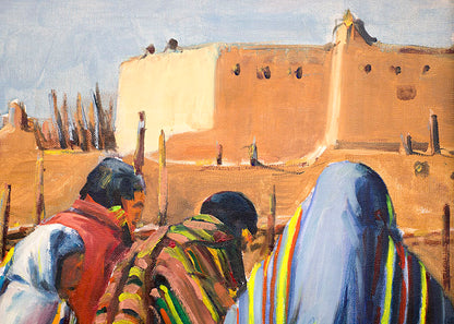 Untitled (Native Figures Standing at Taos Pueblo), Oil Painting