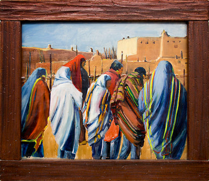 Untitled (Native Figures Standing at Taos Pueblo), Oil Painting