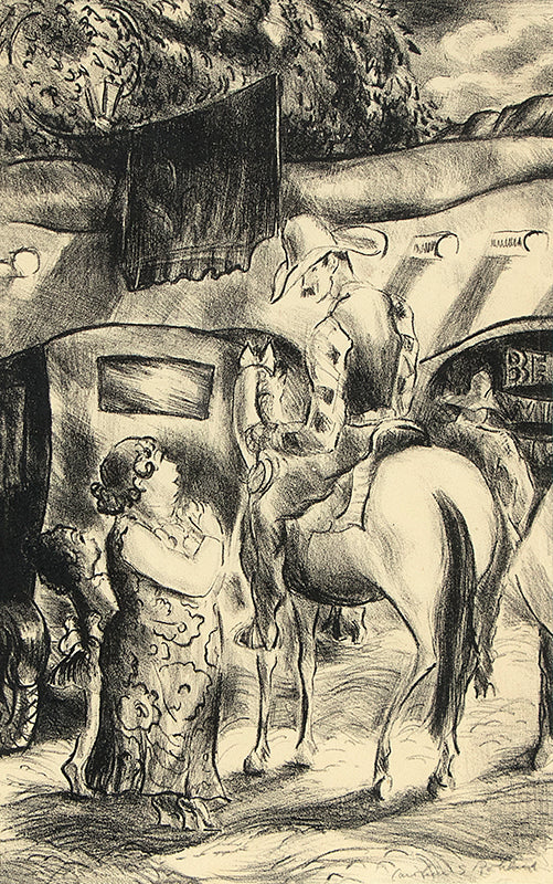 Untitled (Cowboy on Horseback with Tourists), Lithograph Print, circa 1935