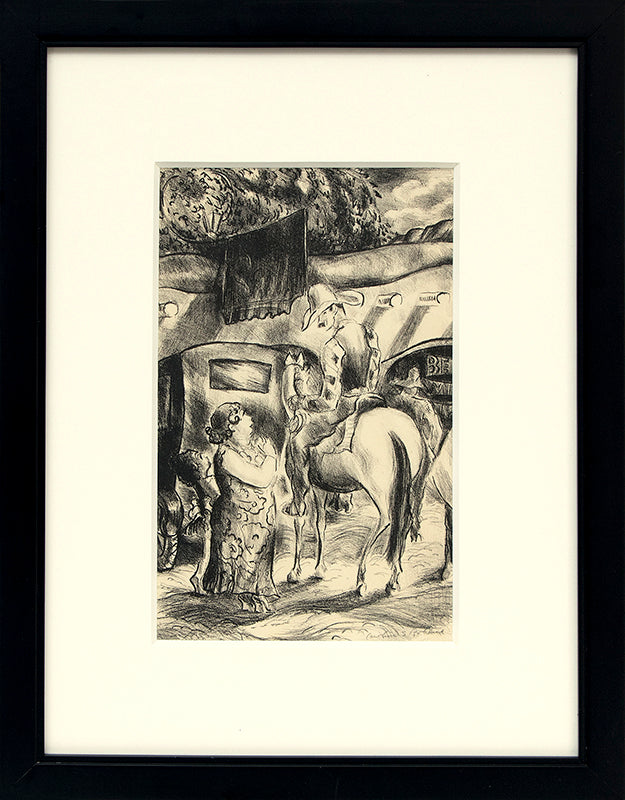 Untitled (Cowboy on Horseback with Tourists), Lithograph Print, circa 1935