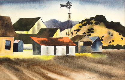 Untitled (Farm and Mountains), Watercolor Painting, circa 1935