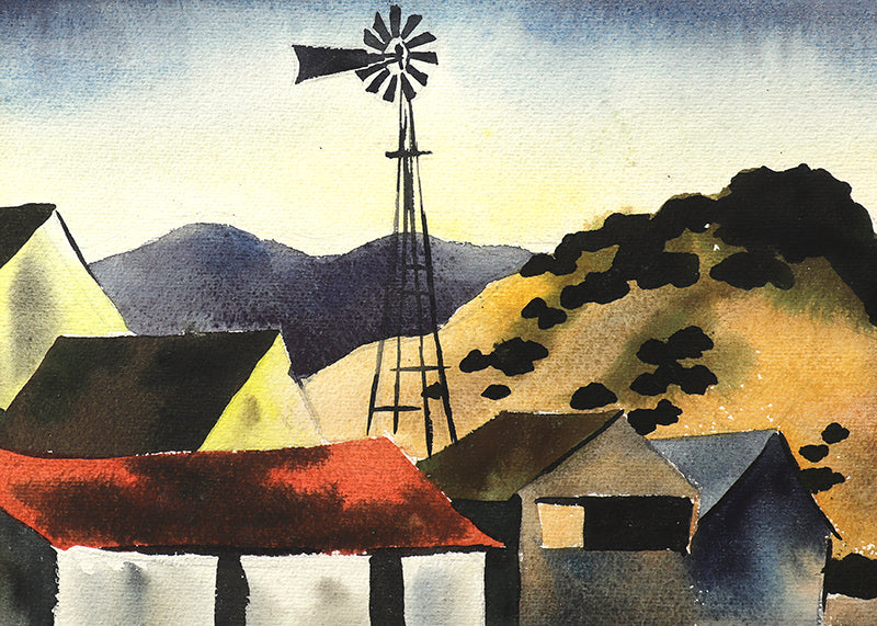 Untitled (Farm and Mountains), Watercolor Painting, circa 1935