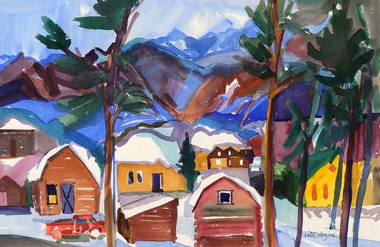 Untitled (Cabins in the Snow, Colorado Mountain Landscape, Winter), Watercolor Painting