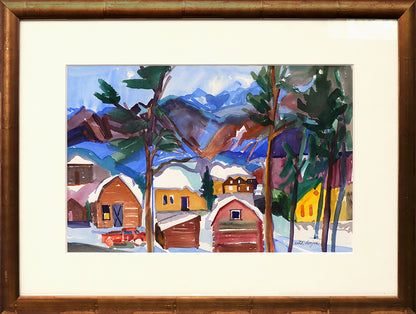 Untitled (Cabins in the Snow, Colorado Mountain Landscape, Winter), Watercolor Painting