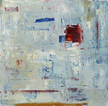 Untitled (Blue, White, and Red Abstract with Red Square), Oil Painting