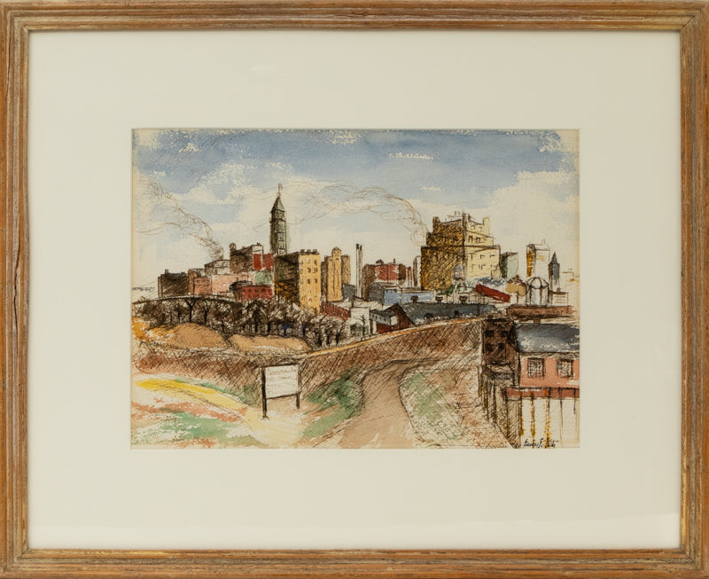 Denver Skyline (Colorado), Watercolor Painting, 1951