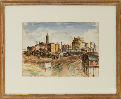 Denver Skyline (Colorado), Watercolor Painting, 1951