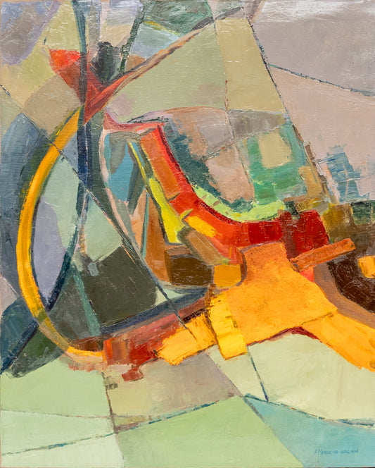 Florence Graziano (1924-1996) artwork for sale. Untitled (Abstract Orange, Red, and Yellow on a Green Field), Oil Painting, circa 1965