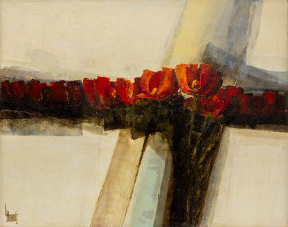 Untitled (Abstract with Red Flowers), Oil Painting, circa 1970-1980