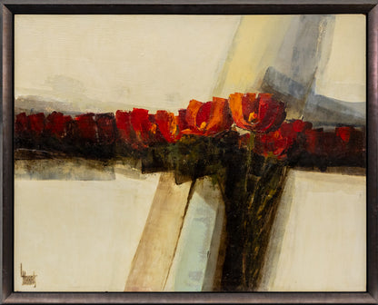 Untitled (Abstract with Red Flowers), Oil Painting, circa 1970-1980