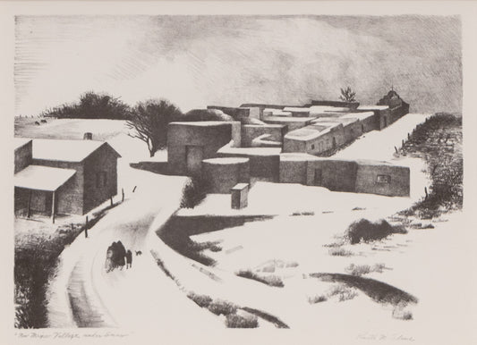 New Mexico Village Under Snow, Lithograph Print, 1950