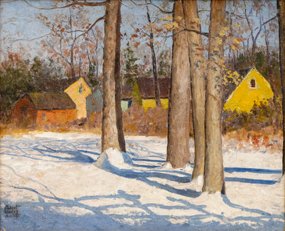 Untitled (Snowy Town Grove), Oil Painting, circa 1935