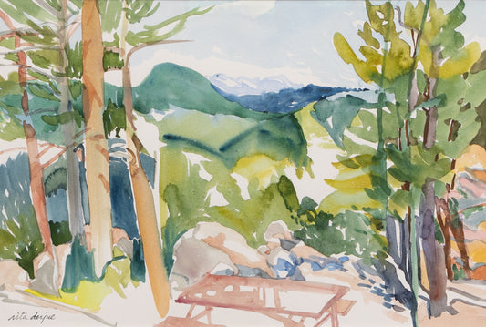 Untitled (Picnic table and Pine Trees in Mountain Landscape), Watercolor Painting, circa 1990-2000